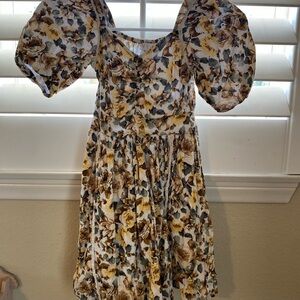 Ivy City Co Floral Puff Sleeve Dress - Brown and Yellow